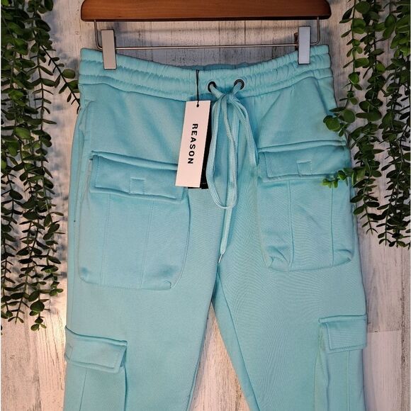 NWT Reasons Baxter Multi pocket Cargo Sweatpants/Joggers in Aqua - Picture 6 of 8
